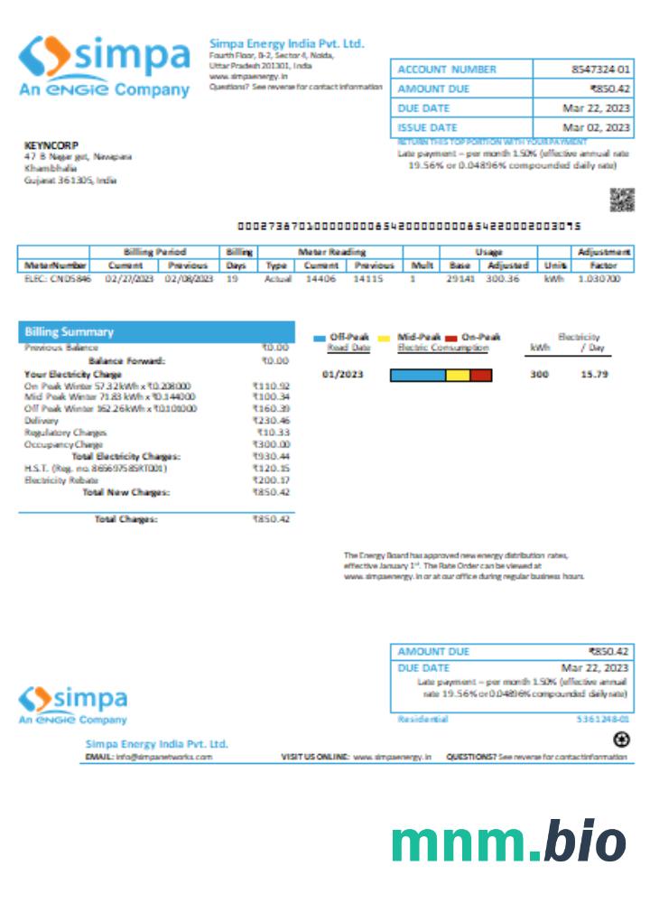 Simpa Energy India Pvt. Ltd rachunek za usługi komunalne